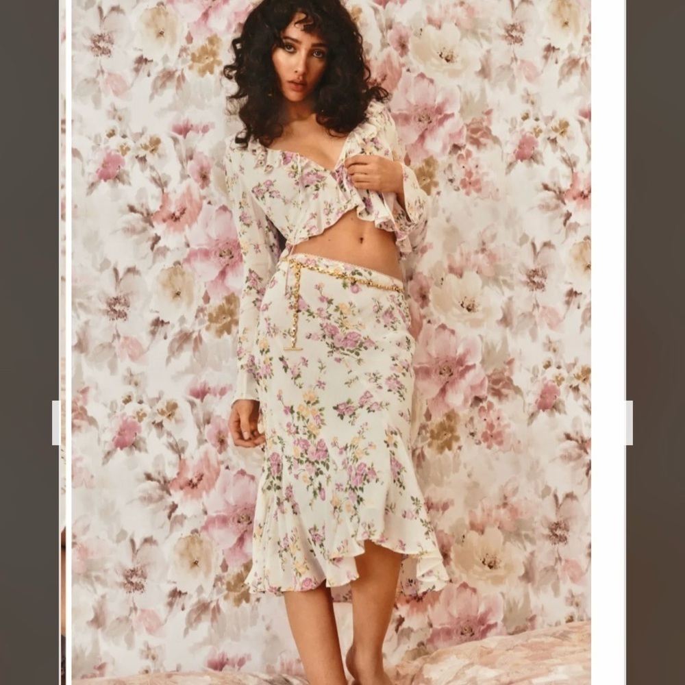 Reformation Julie Two Piece long sleeve top w/ matching midi skirt in Posy Sz 4 - Picture 7 of 16